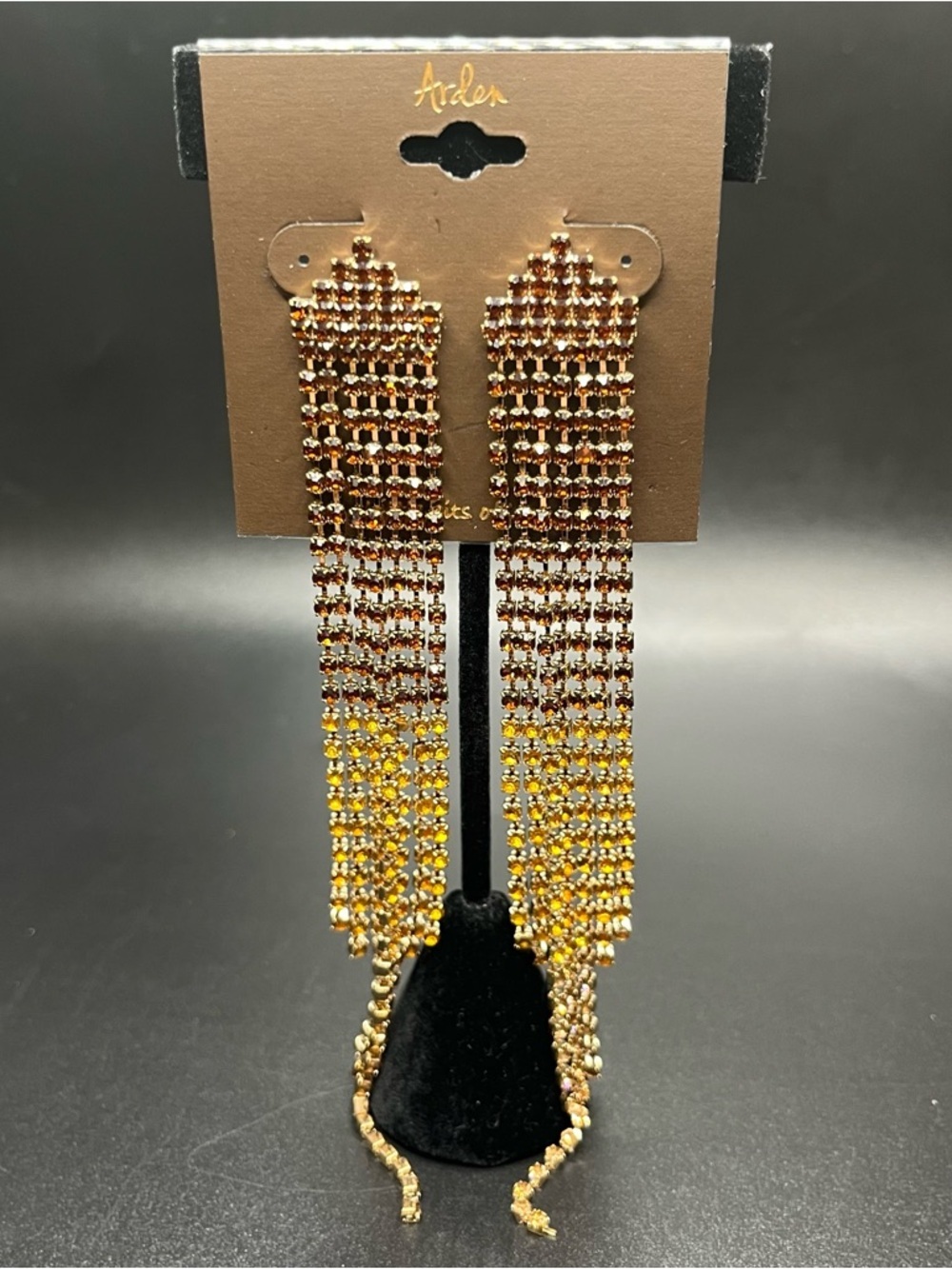 Long rhinestone fringe statement earrings gold tone amber sparkle NWT - Picture 7 of 7